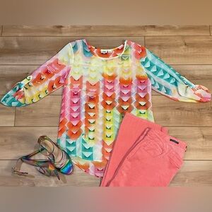 Cato Rainbow Geometric Print Sheer High-Low Blouse Size Medium